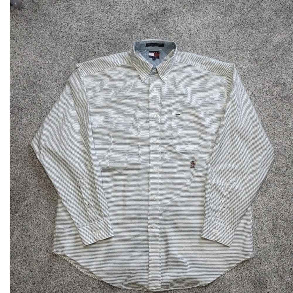 100% Cotton Tommy Hilfiger White‎ Green Strip Casual Button Down Shirt L Men Y2K
